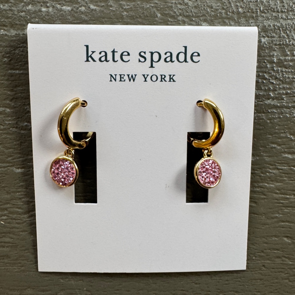 NEW Kate Spade ♠️ Brilliant Statement Small Gold Hoops with Light Rose Charm